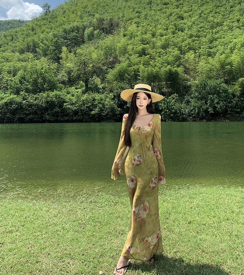 V-neck elegant floral long dress France style retro dress