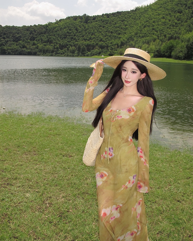 V-neck elegant floral long dress France style retro dress