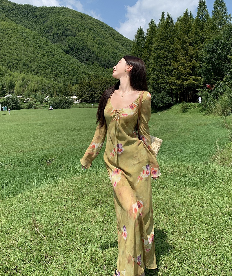 V-neck elegant floral long dress France style retro dress