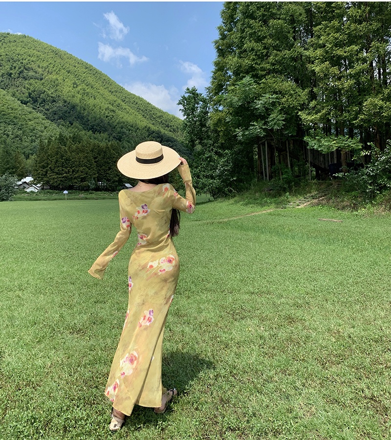 V-neck elegant floral long dress France style retro dress