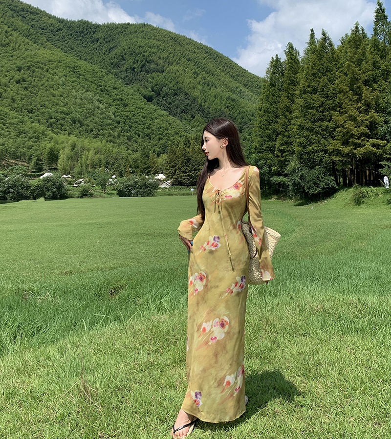 V-neck elegant floral long dress France style retro dress
