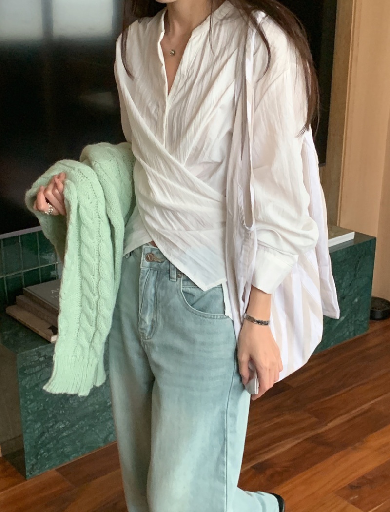 Cross niche pinched waist tops slim V-neck long sleeve shirt