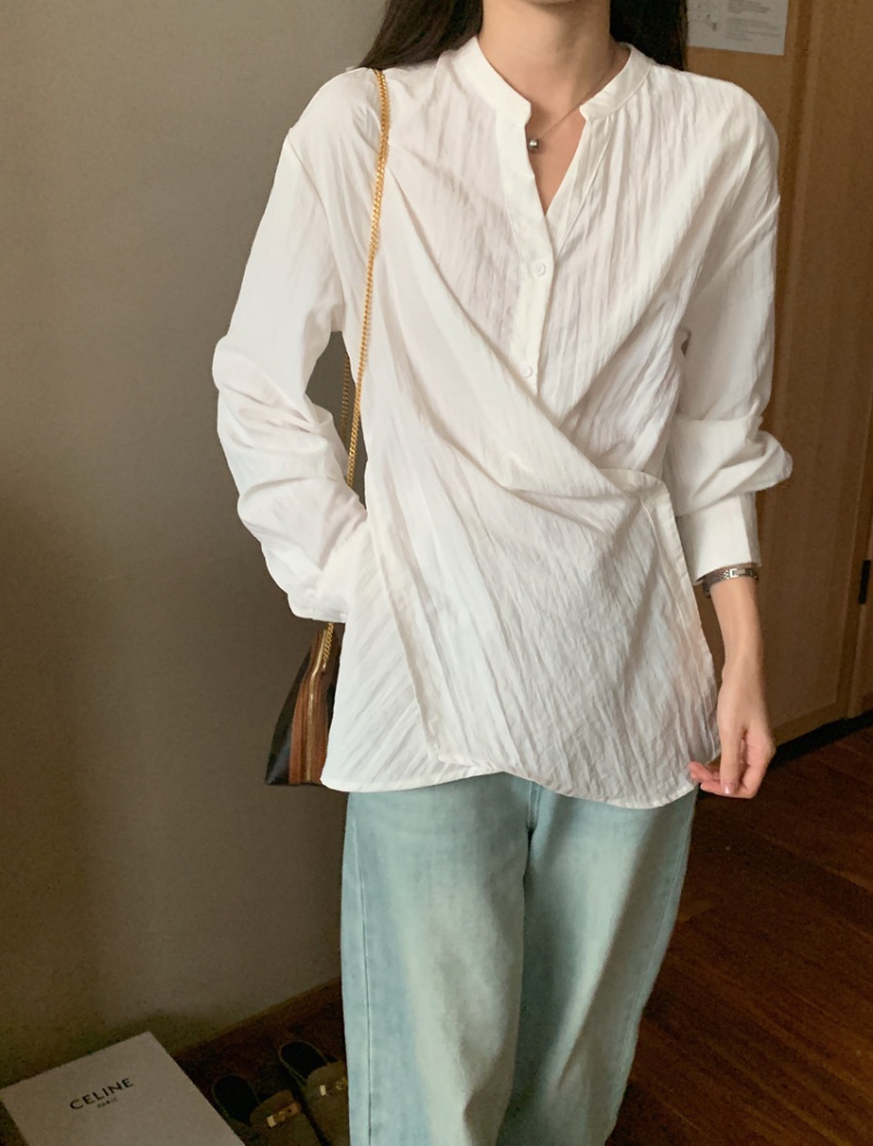 Cross niche pinched waist tops slim V-neck long sleeve shirt