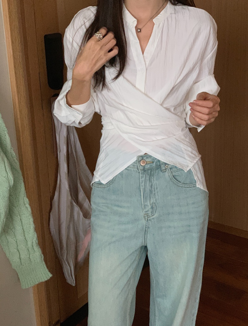 Cross niche pinched waist tops slim V-neck long sleeve shirt
