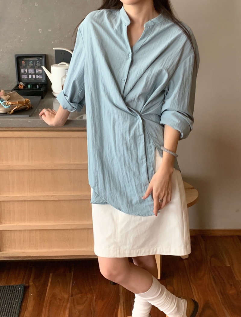 Cross niche pinched waist tops slim V-neck long sleeve shirt