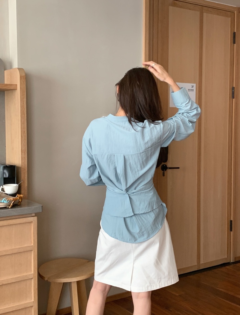 Cross niche pinched waist tops slim V-neck long sleeve shirt