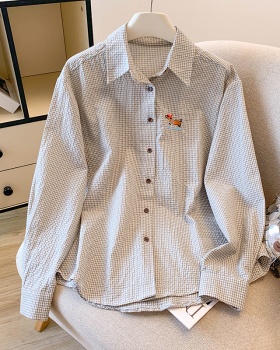 Embroidery Korean style plaid slim shirt for women