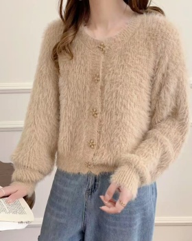 Short knitted fashion tops pink buckle flowers sweater