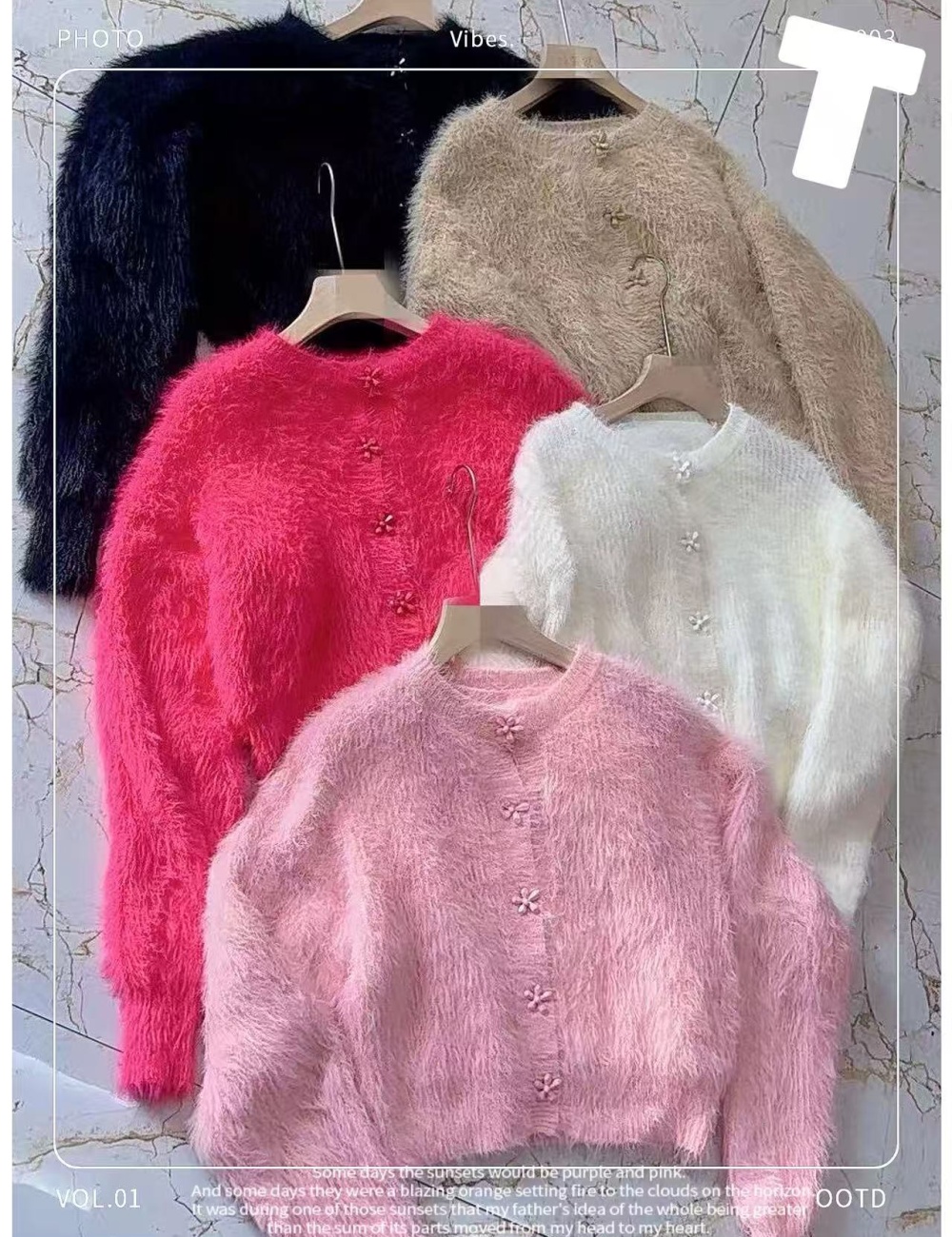 Short knitted fashion tops pink buckle flowers sweater