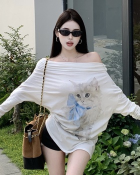 Sloping shoulder printing tops thin cotton T-shirt