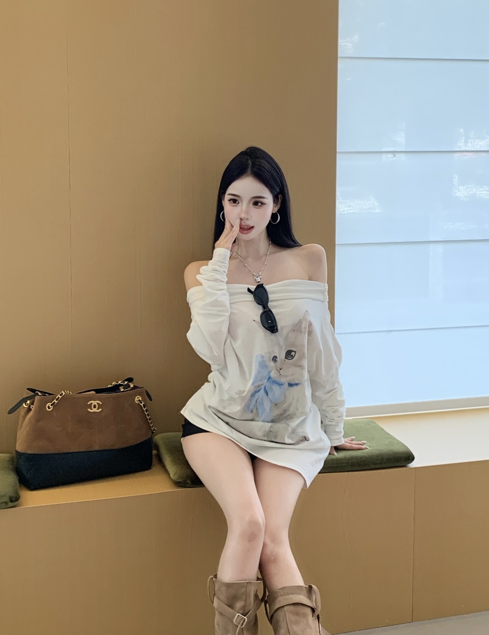 Sloping shoulder printing tops thin cotton T-shirt