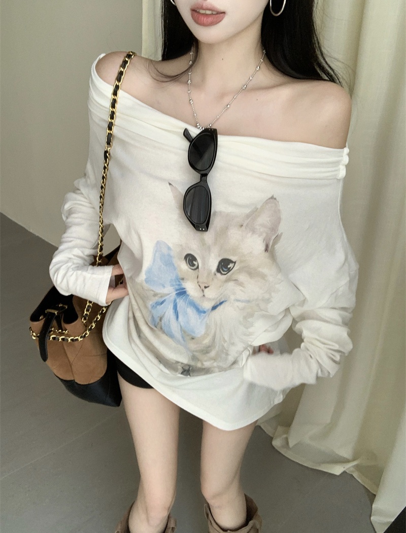 Sloping shoulder printing tops thin cotton T-shirt