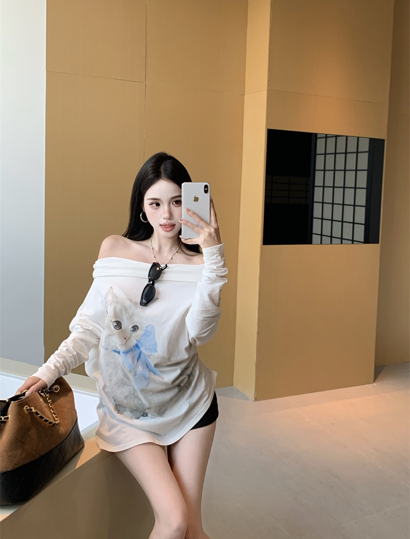 Sloping shoulder printing tops thin cotton T-shirt