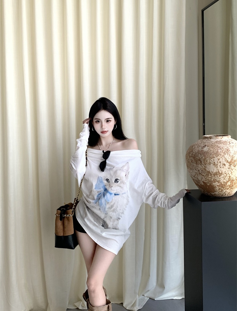 Sloping shoulder printing tops thin cotton T-shirt