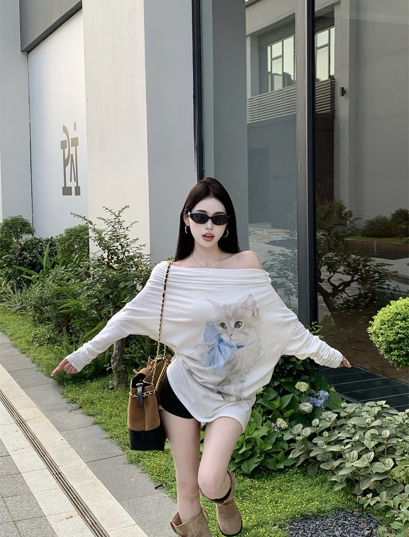 Sloping shoulder printing tops thin cotton T-shirt