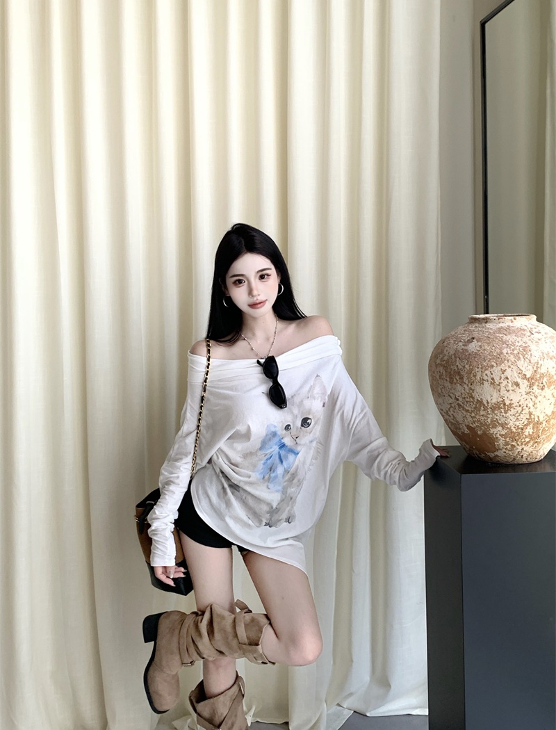 Sloping shoulder printing tops thin cotton T-shirt