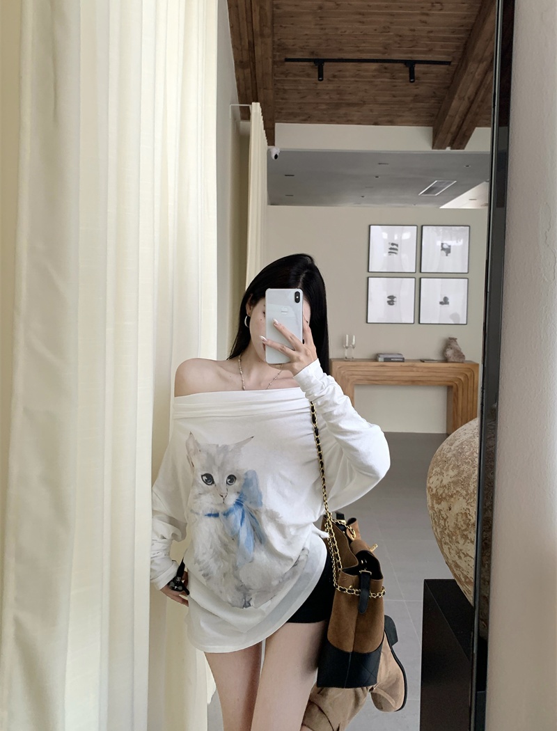 Sloping shoulder printing tops thin cotton T-shirt