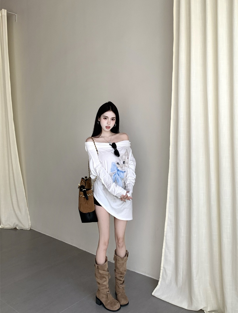 Sloping shoulder printing tops thin cotton T-shirt