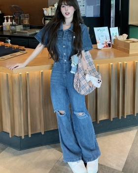 Wide leg retro denim washed American style jumpsuit