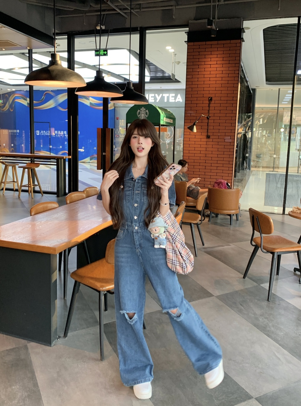 Wide leg retro denim washed American style jumpsuit
