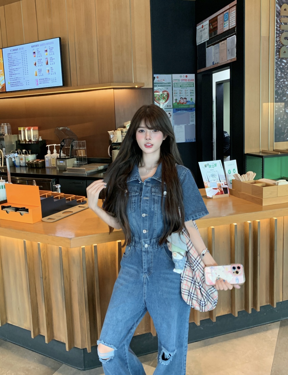 Wide leg retro denim washed American style jumpsuit