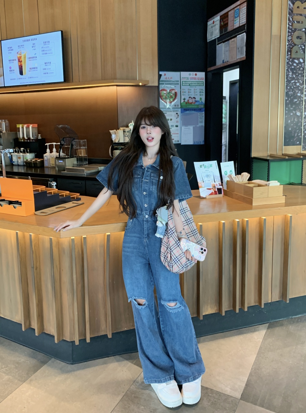 Wide leg retro denim washed American style jumpsuit