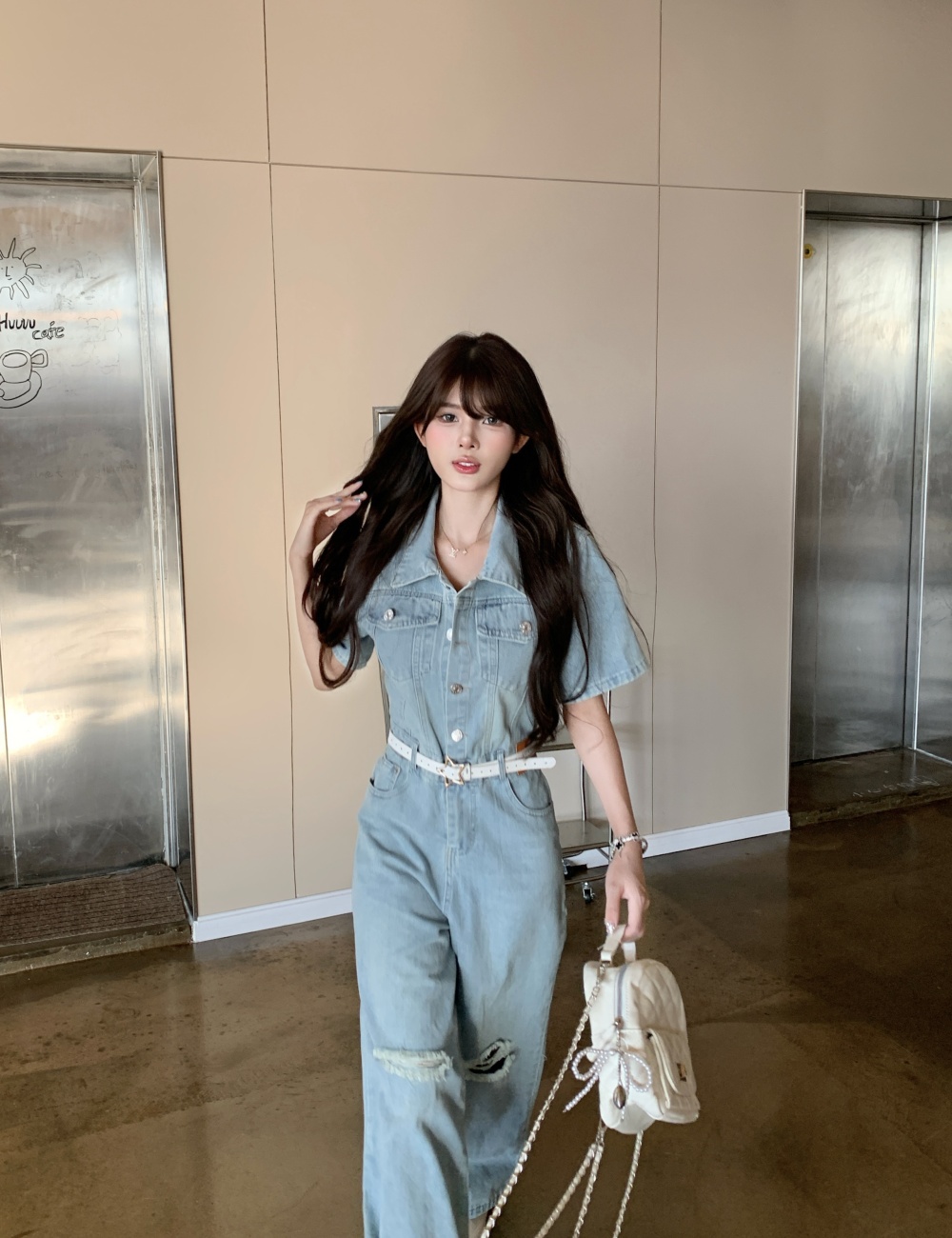 Wide leg retro denim washed American style jumpsuit