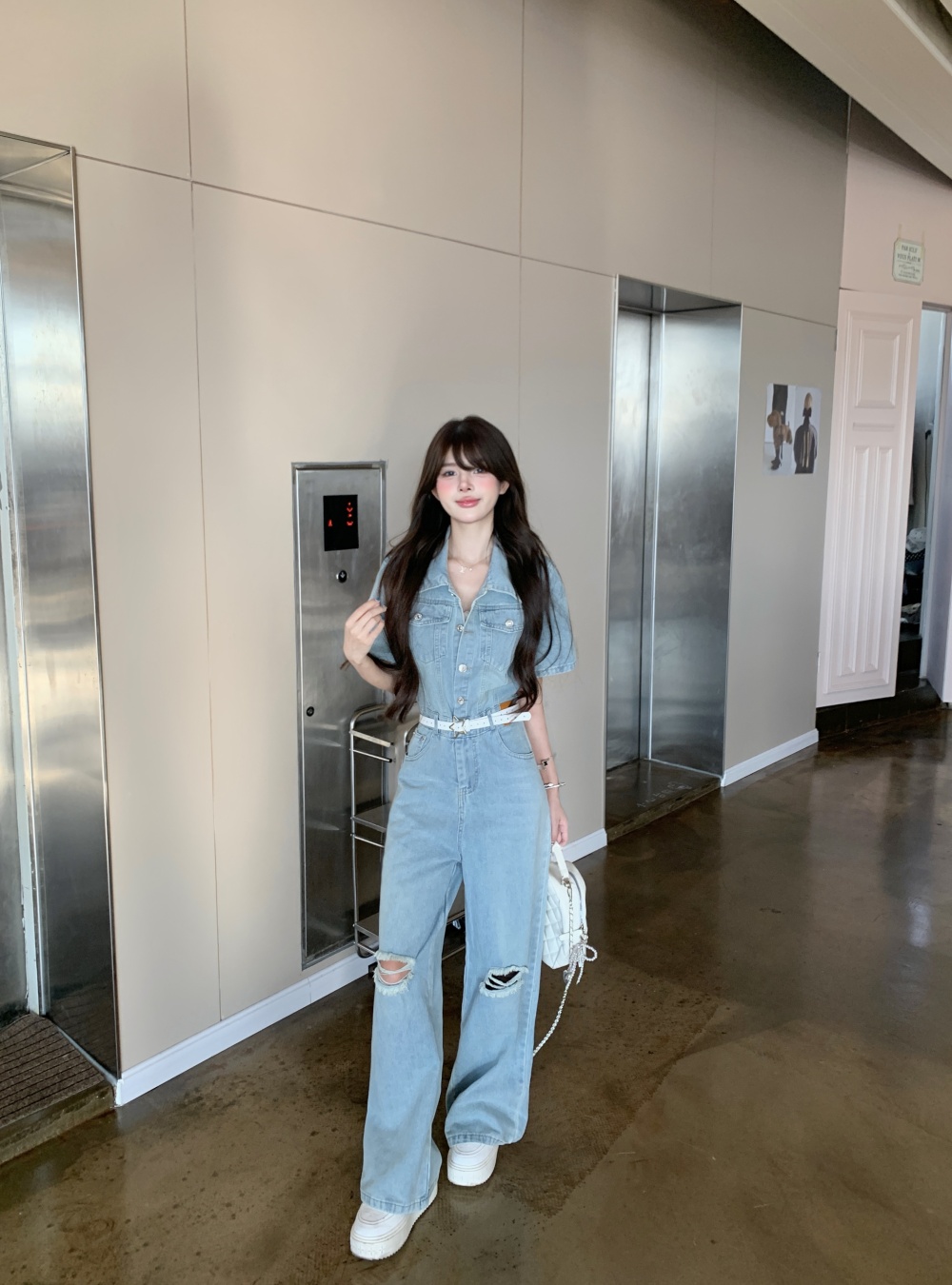 Wide leg retro denim washed American style jumpsuit