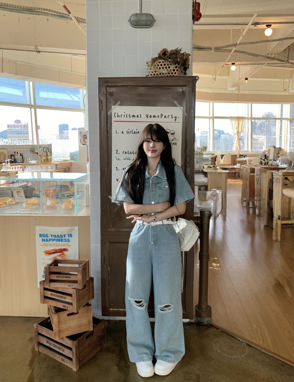 Wide leg retro denim washed American style jumpsuit