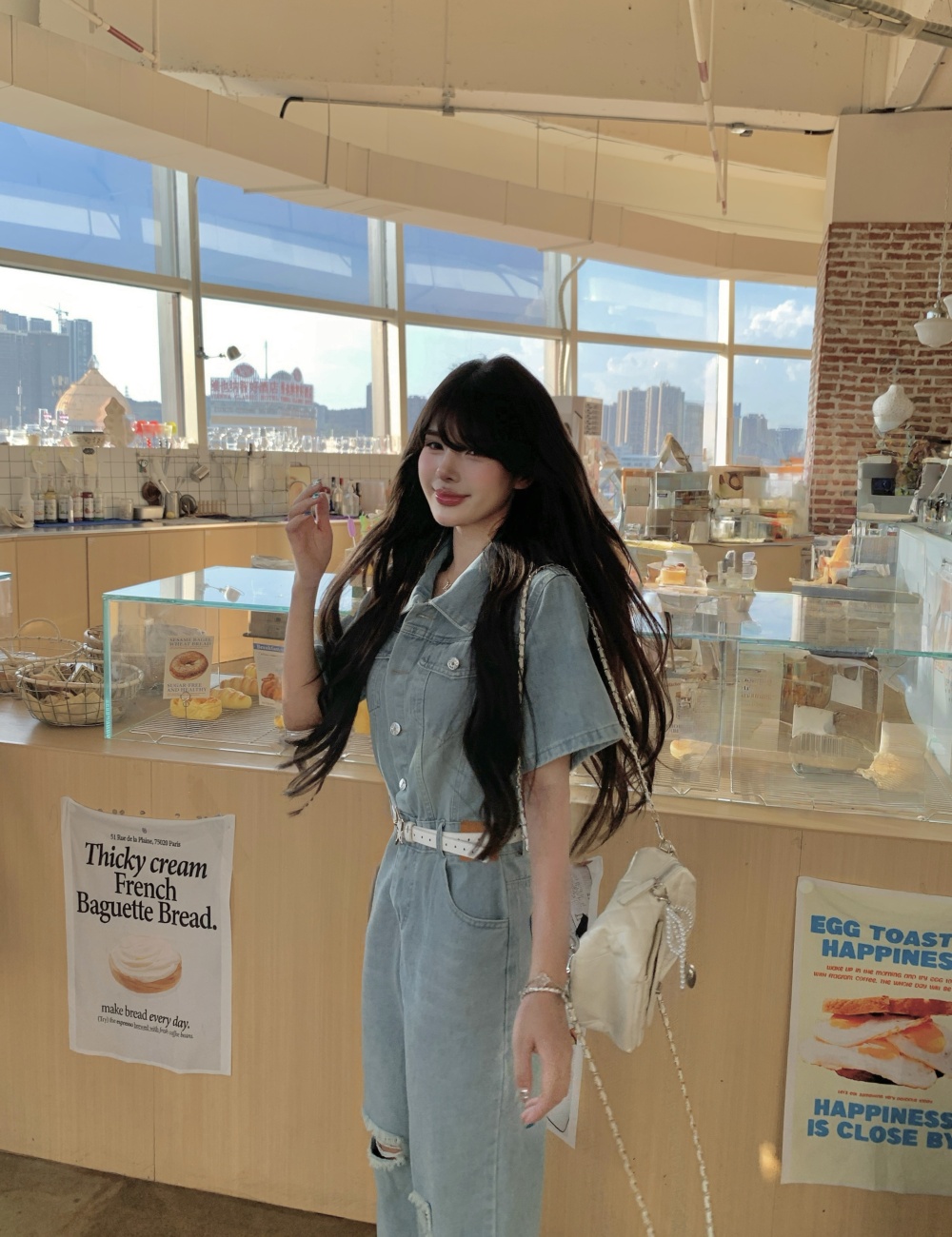 Wide leg retro denim washed American style jumpsuit