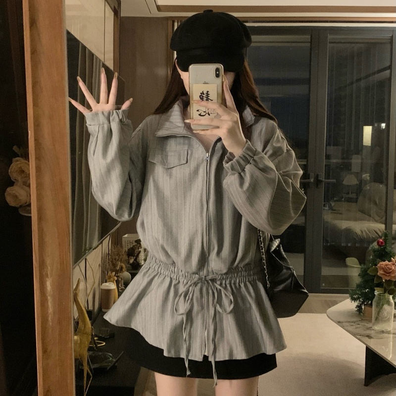 Korean style zip stripe jacket retro loose coat