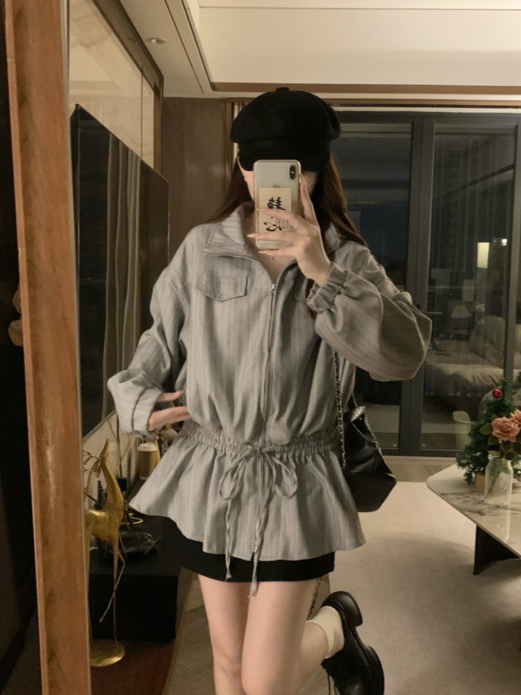 Korean style zip stripe jacket retro loose coat