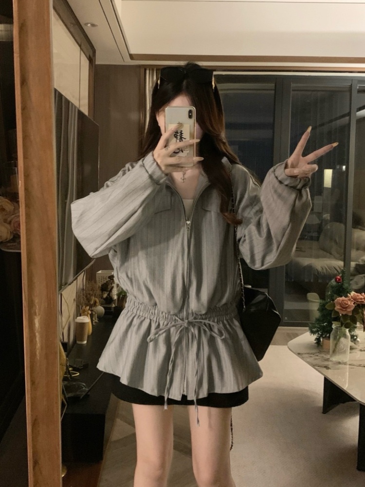 Korean style zip stripe jacket retro loose coat