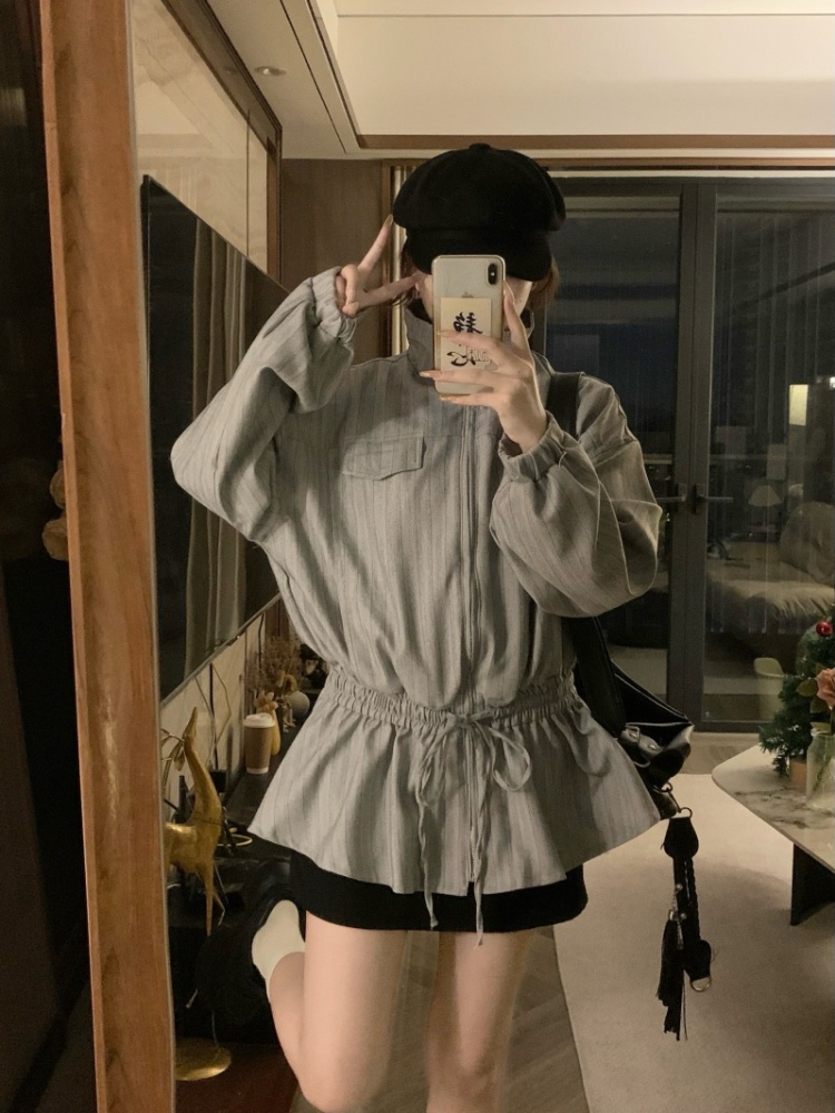 Korean style zip stripe jacket retro loose coat