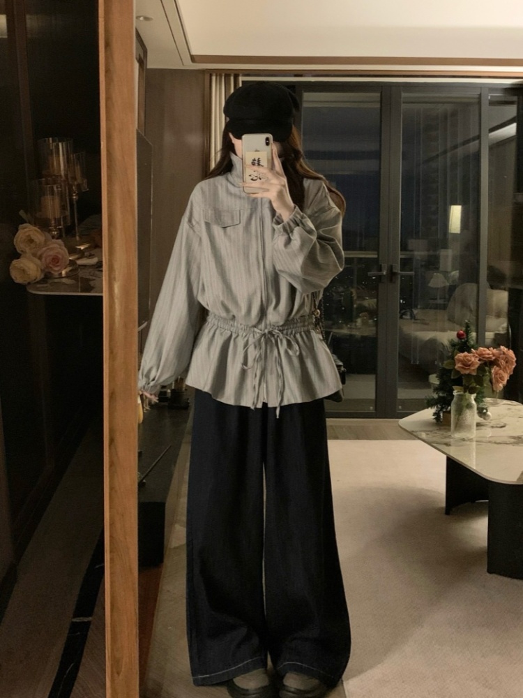 Korean style zip stripe jacket retro loose coat