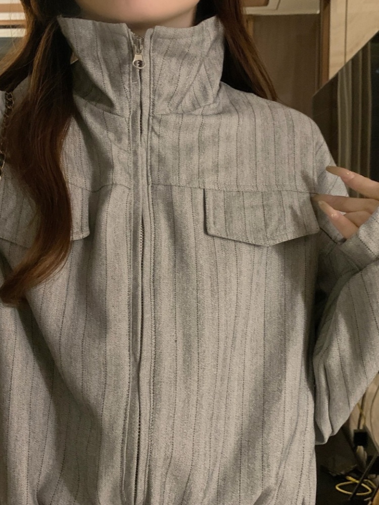Korean style zip stripe jacket retro loose coat