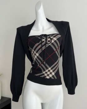 Plaid retro cardigan pure cotton coat 2pcs set