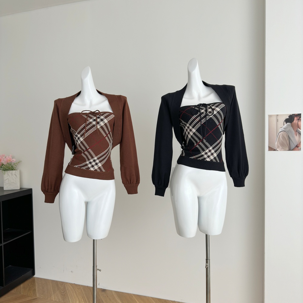Plaid retro cardigan pure cotton coat 2pcs set