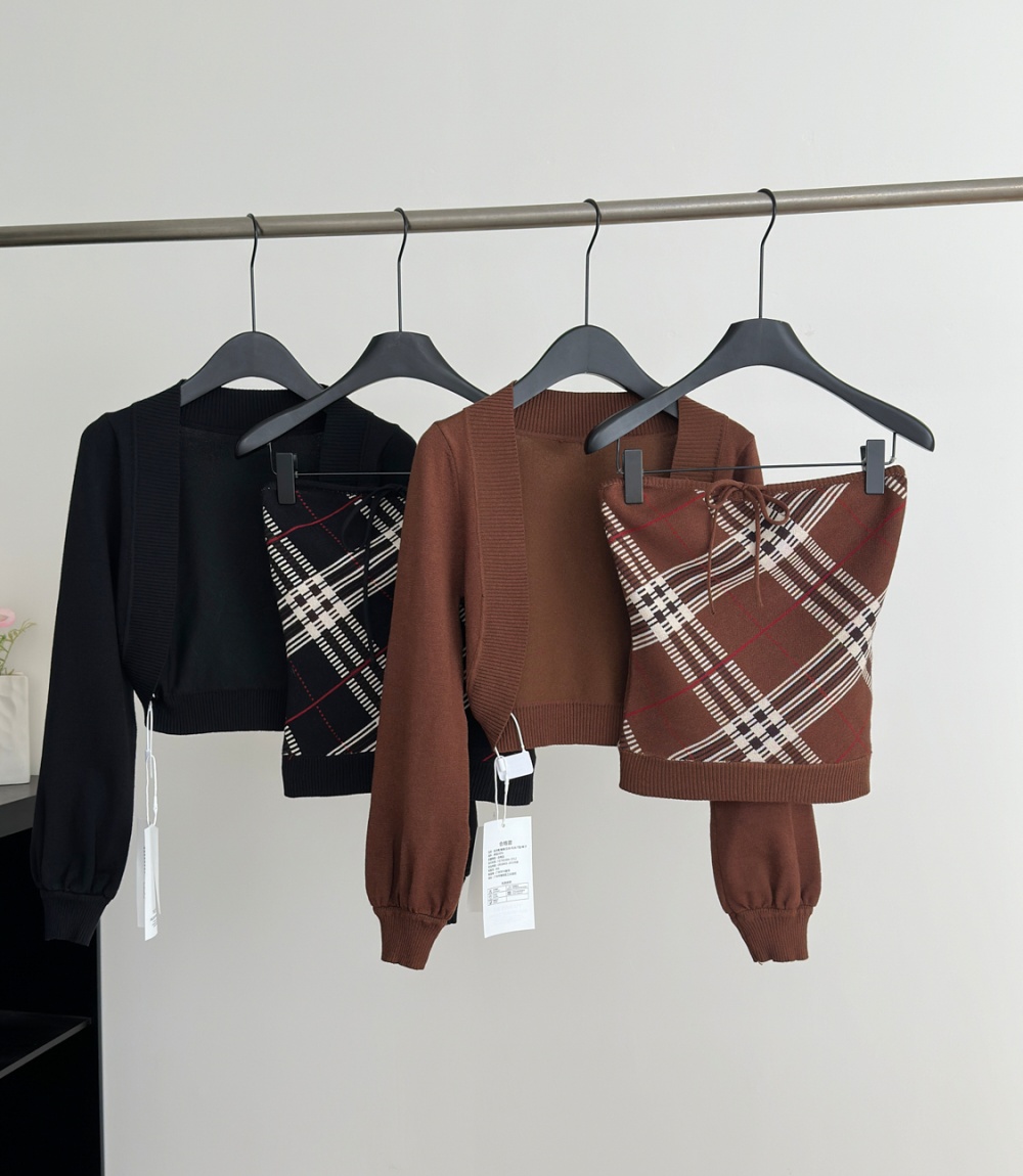 Plaid retro cardigan pure cotton coat 2pcs set