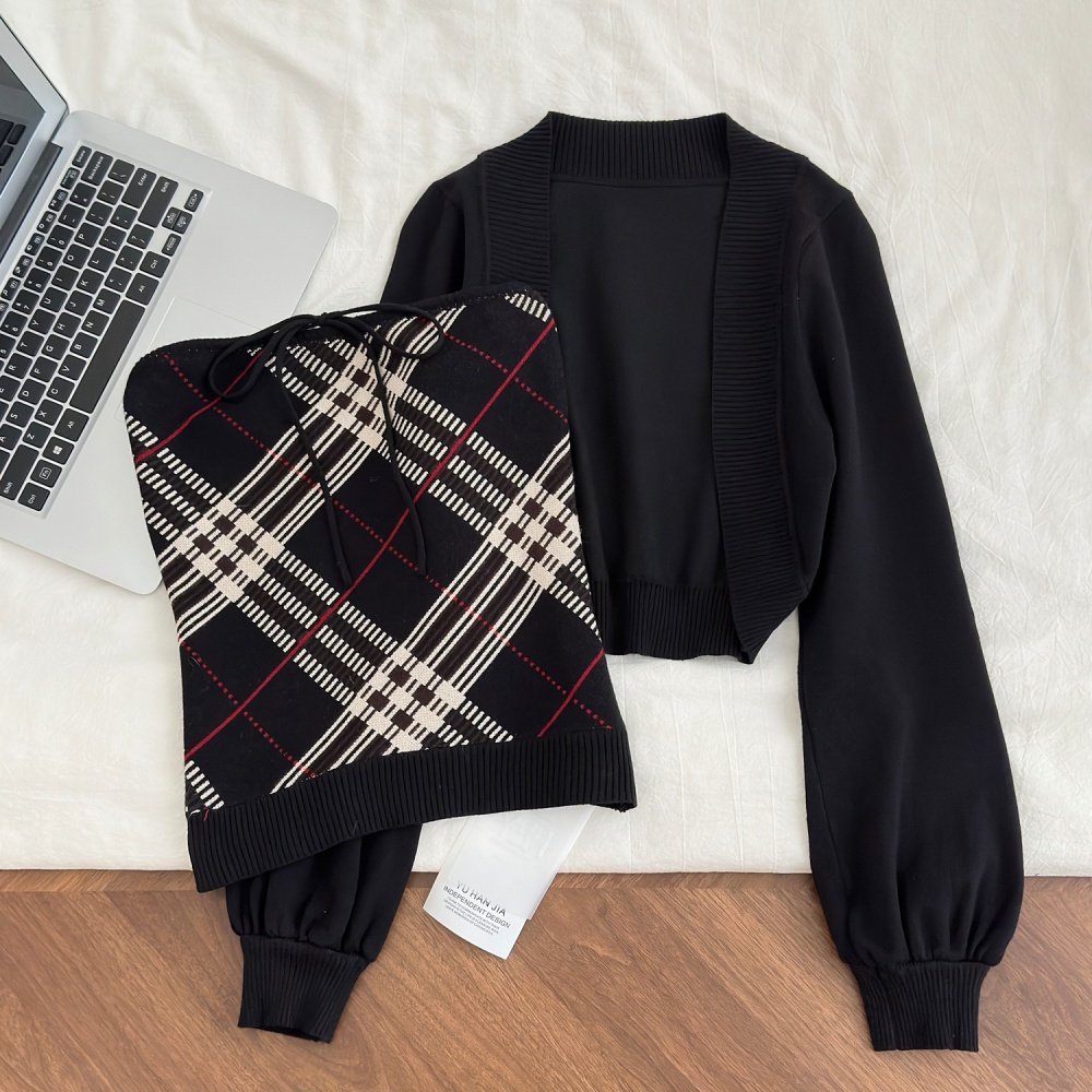 Plaid retro cardigan pure cotton coat 2pcs set