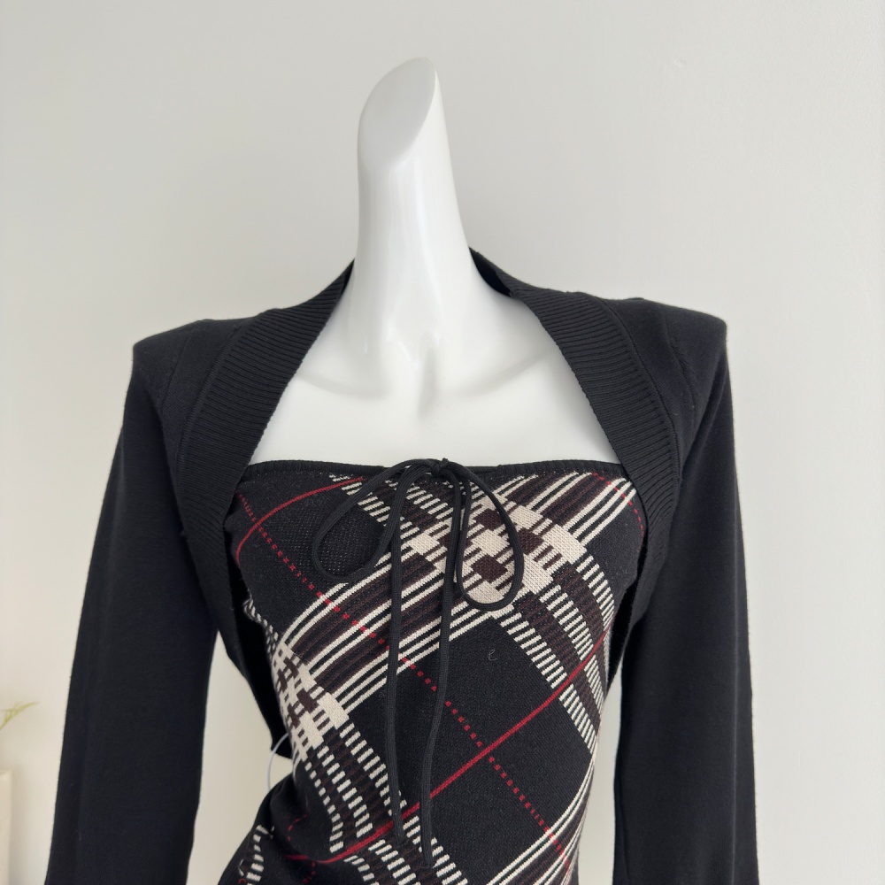 Plaid retro cardigan pure cotton coat 2pcs set