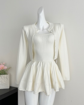 Knitted sling ballet T-back Korean style white tops 2pcs set
