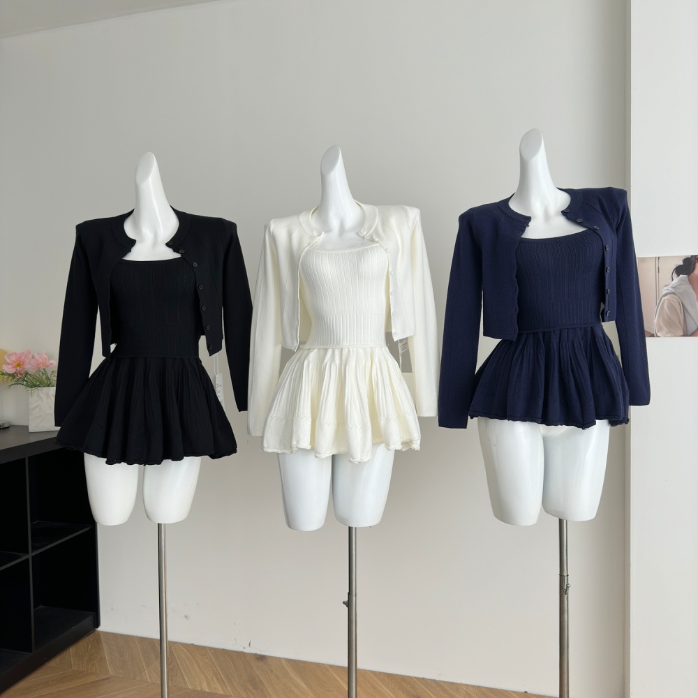 Knitted sling ballet T-back Korean style white tops 2pcs set