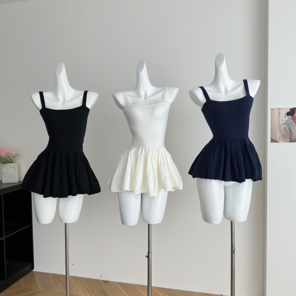 Knitted sling ballet T-back Korean style white tops 2pcs set