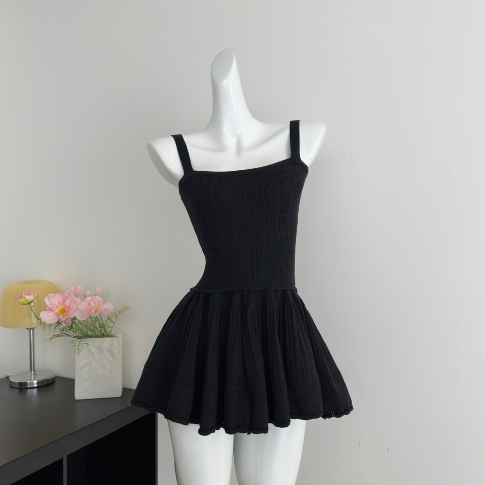 Knitted sling ballet T-back Korean style white tops 2pcs set