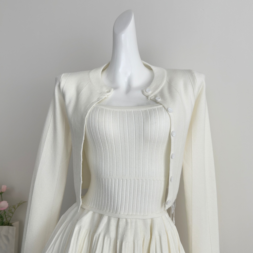 Knitted sling ballet T-back Korean style white tops 2pcs set