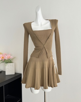 Pleated A-line strap dress slim cardigan 2pcs set for women