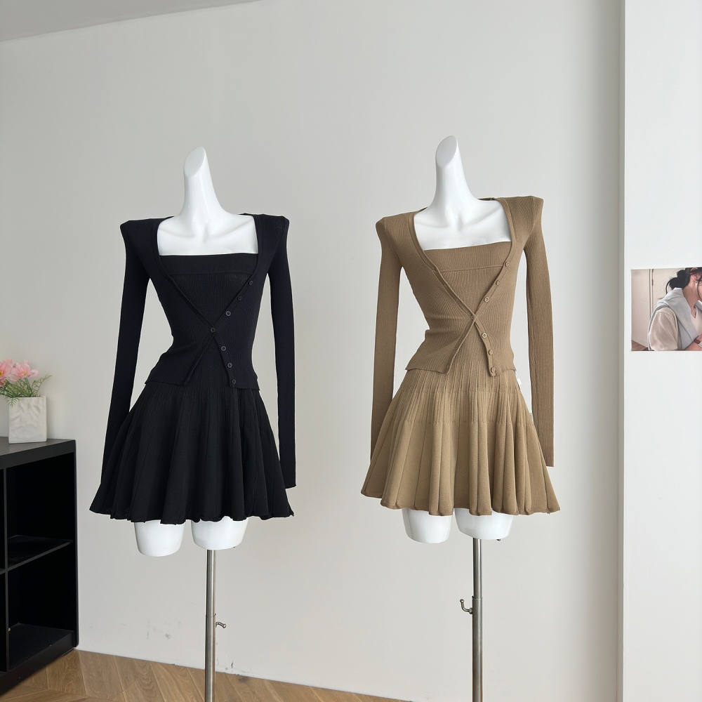 Pleated A-line strap dress slim cardigan 2pcs set for women