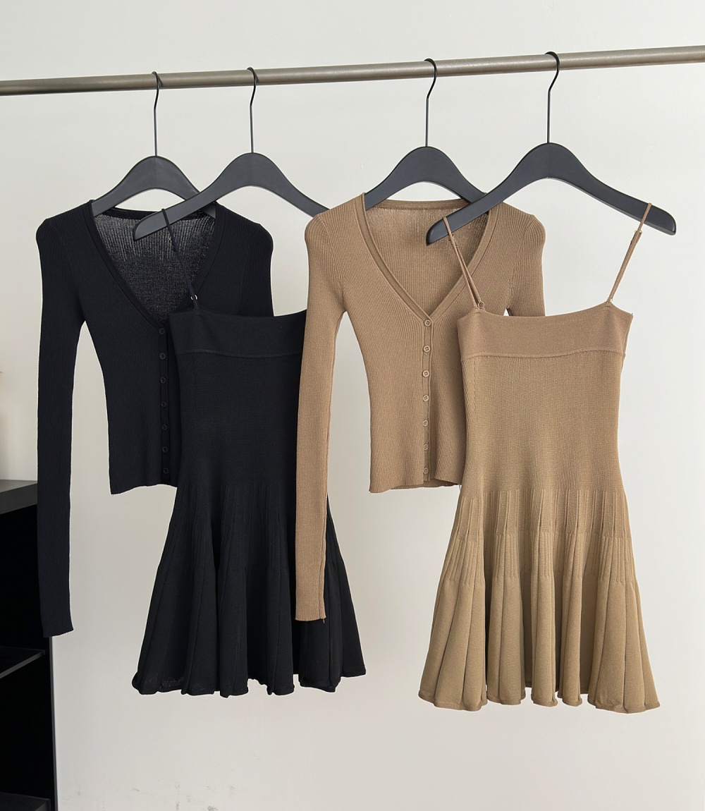 Pleated A-line strap dress slim cardigan 2pcs set for women