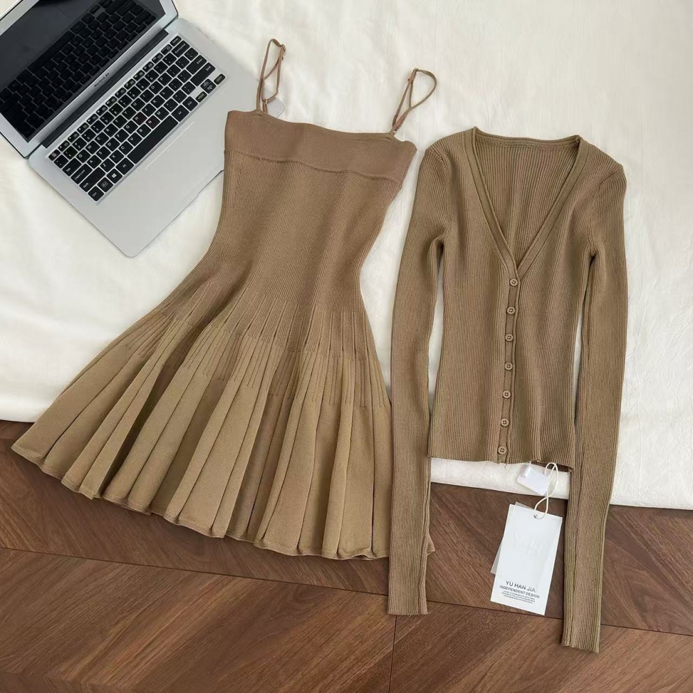 Pleated A-line strap dress slim cardigan 2pcs set for women